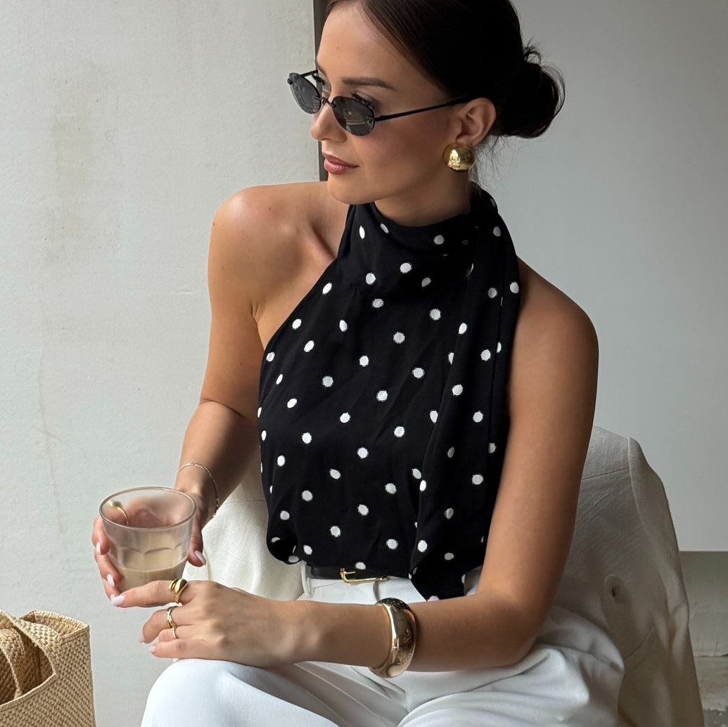 Satin Lace-Up Halterneck Slim Fit Backless Dot Print Camisole