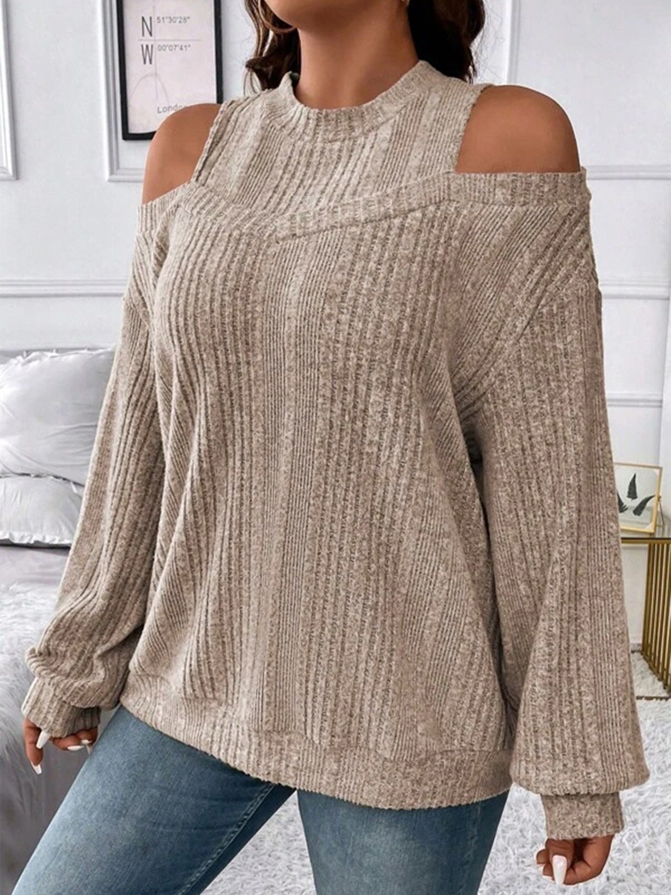 Off Shoulder Solid Color Loose Long Sleeve Top For Women