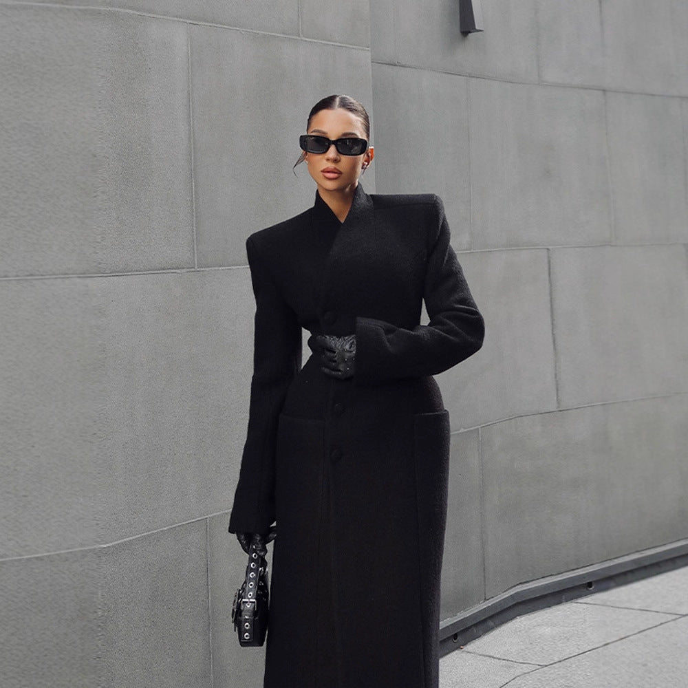 Tailored Shoulder-Padded Waist-Cinching Long Wool Coat For Women