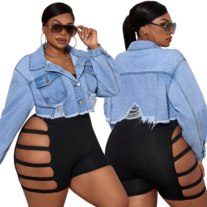 Trendy Ripped Denim Long Sleeve Jacket For Women