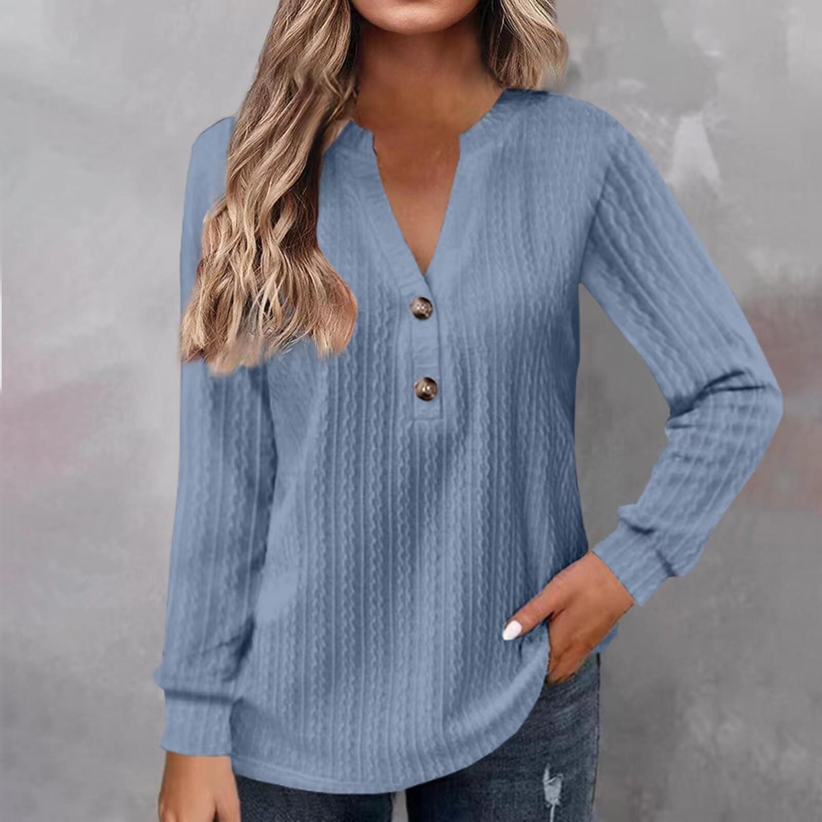 Women's Long Sleeve V-Neck Buttoned Solid Color Casual T-Shirt