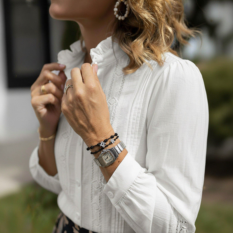 Women's Elegant Lace Stand Collar Long Sleeve Hollow White Shirt