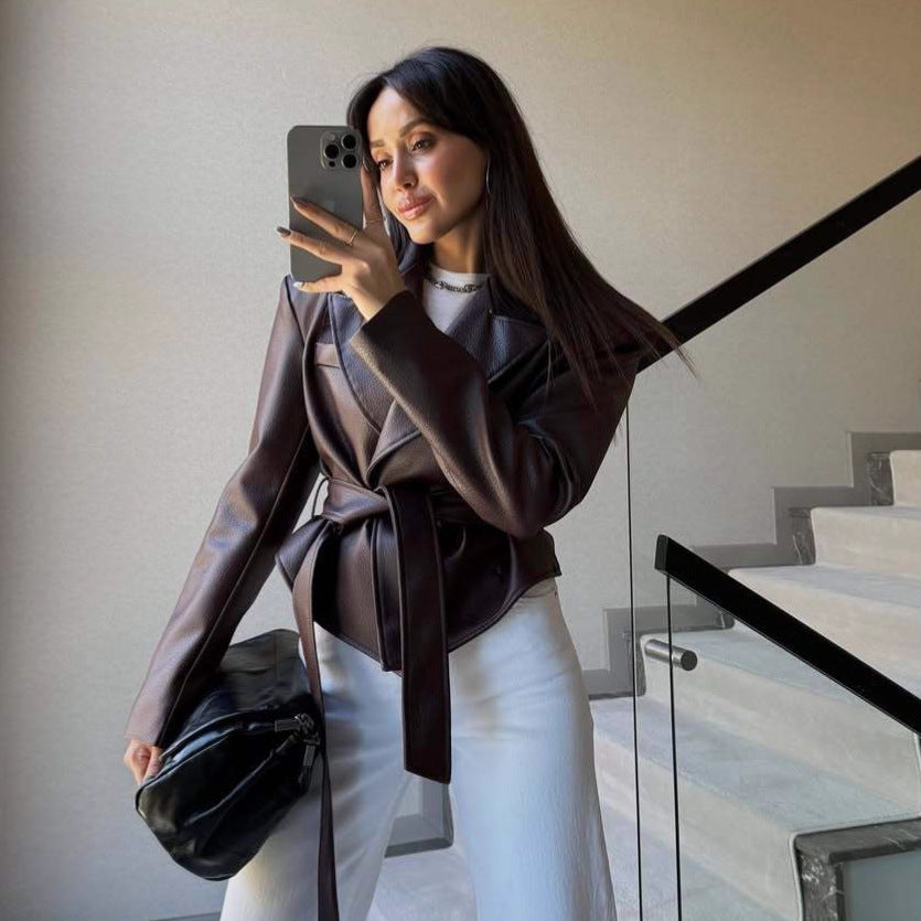 Strapped Temperament Faux-Leather Motorcycle Jacket For Women
