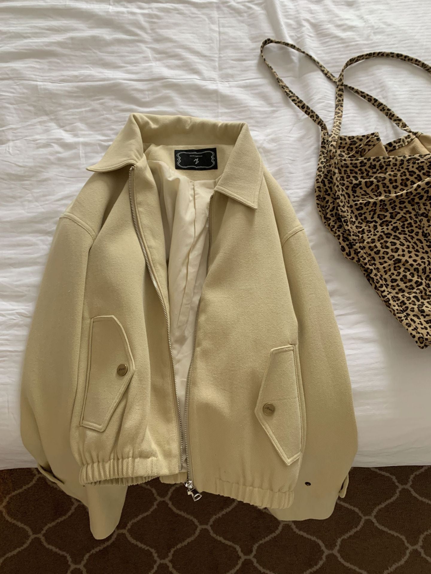 Casual Khaki Lapel Zipper Coat Women's Loose Slimming Jacket