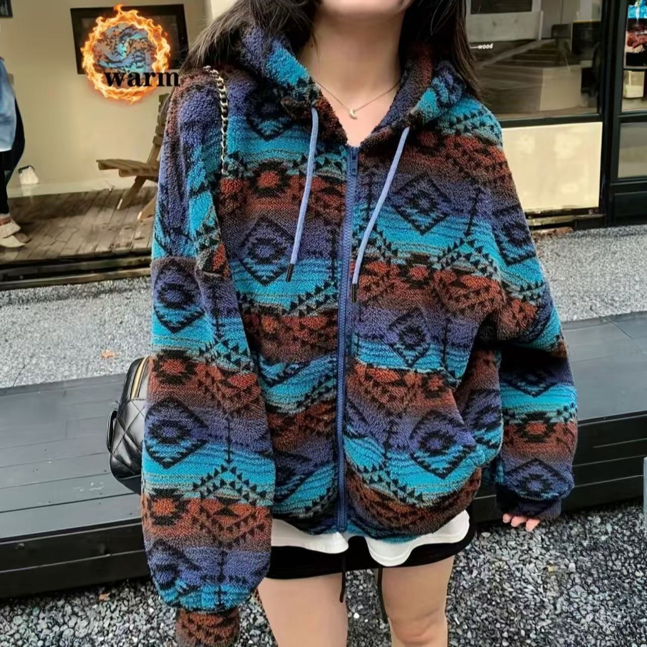 Reversible Color-Block Fleece Jacket With Printed Pattern For Comfort