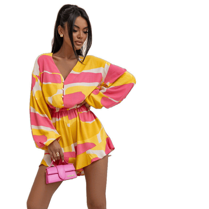 Printed V Neck Wide Leg Jumpsuit With Lantern Sleeves