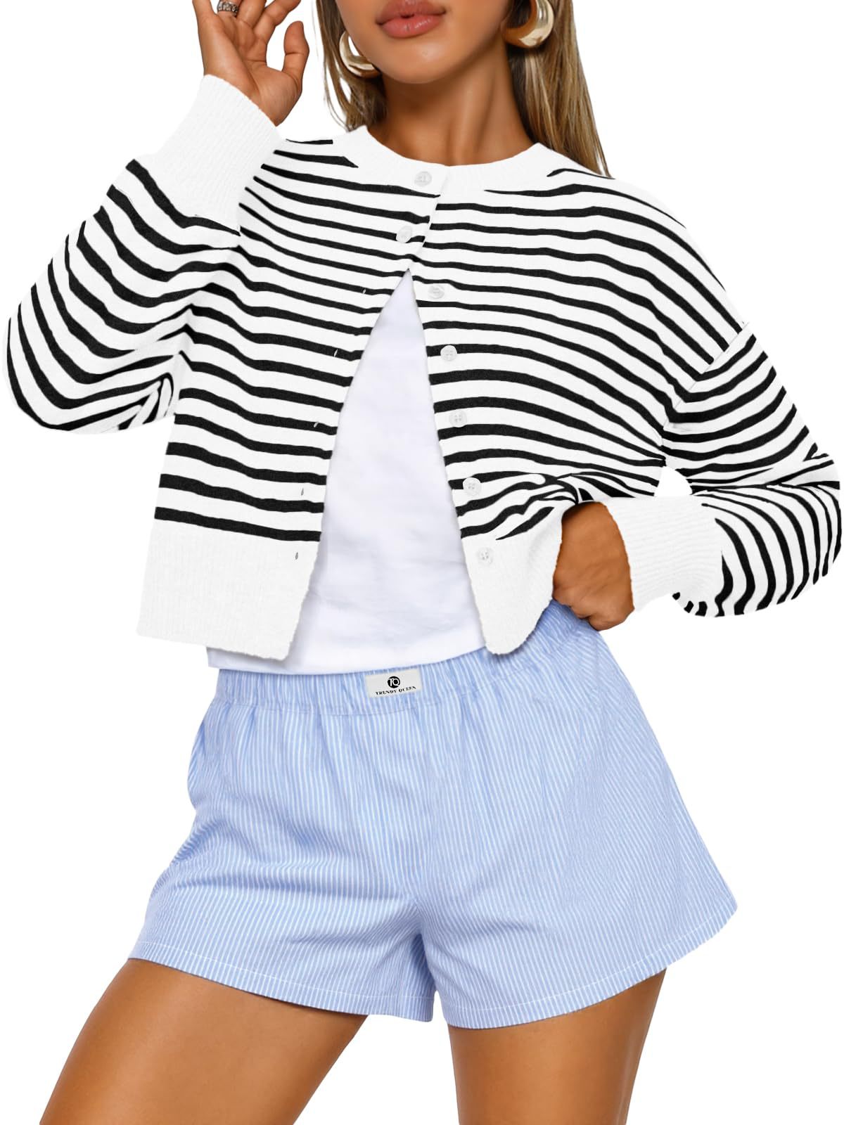 Cropped Button-Front Crewneck Knit Sweater For Women