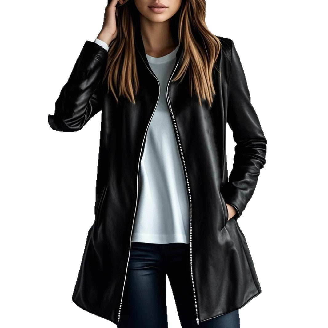 Elegant Mid-Length Black PU Leather Jacket For Women