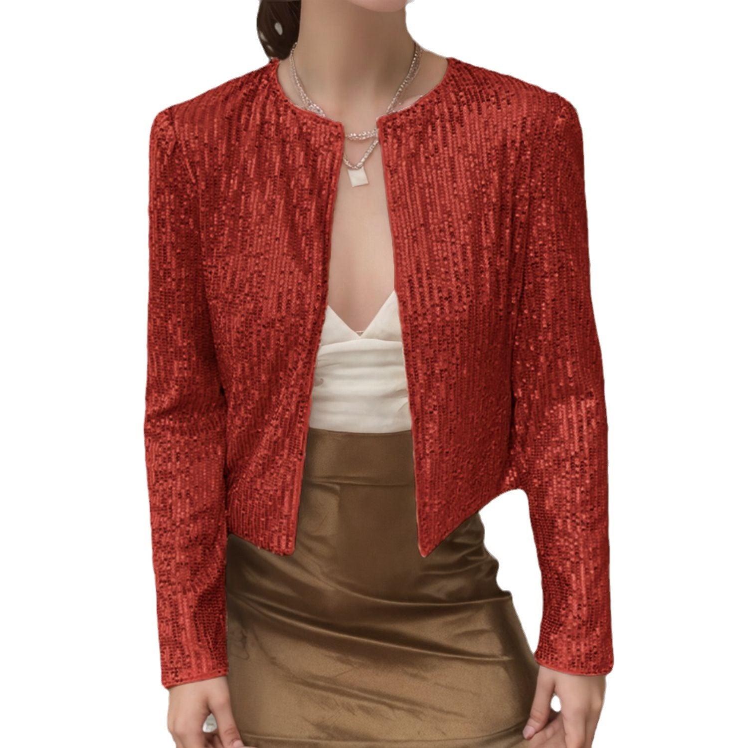 Crew-Neck Long Sleeve Sequin Cardigan Jacket For Evening Wear