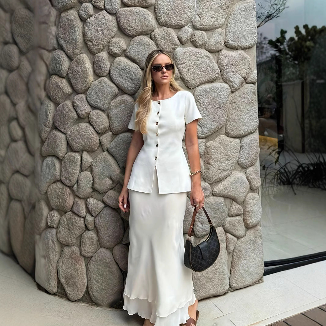 White Round-Neck Short Sleeve Top With Metal Buttons