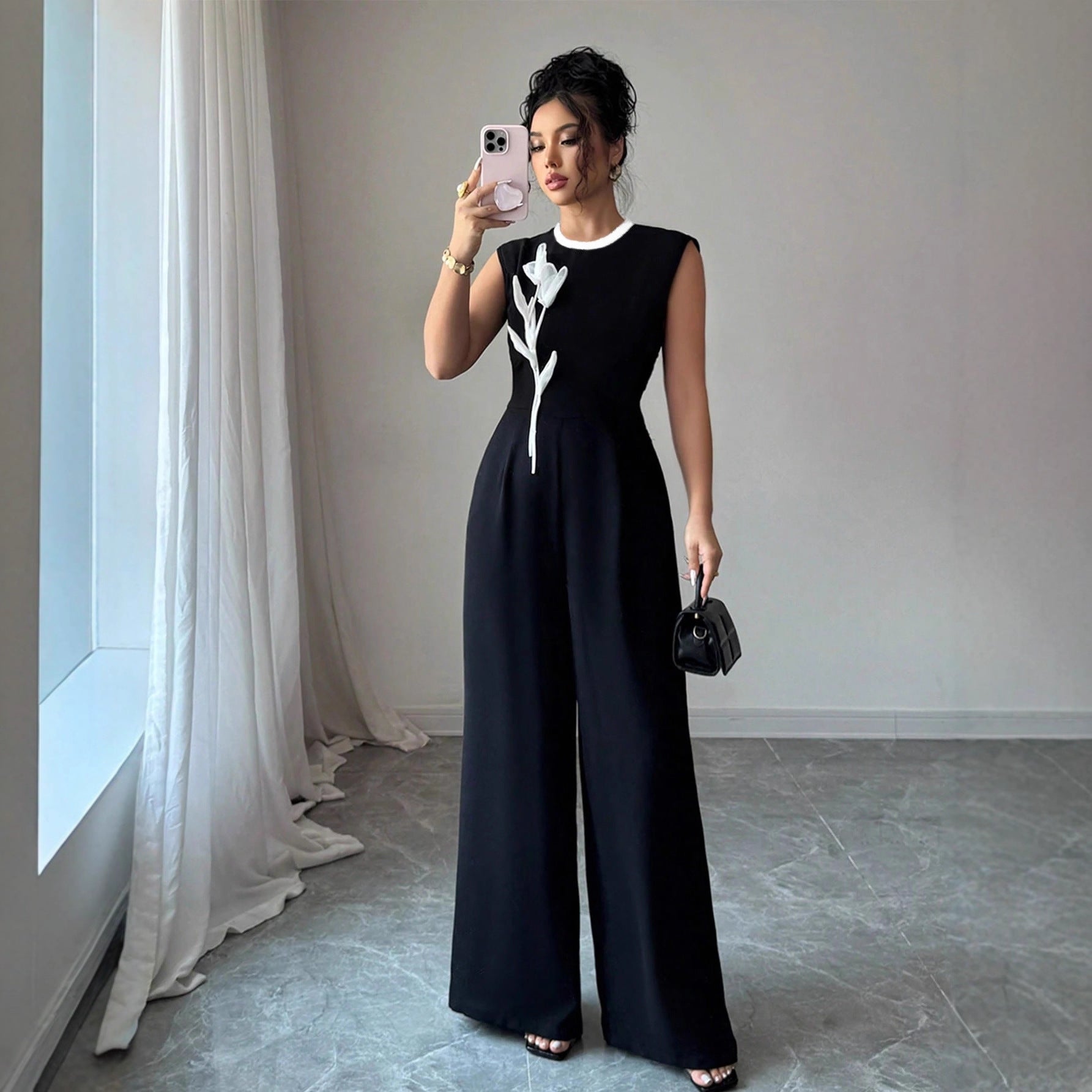 Embroidered Sleeveless Wide Leg Jumpsuit With Elegant Crew Neck