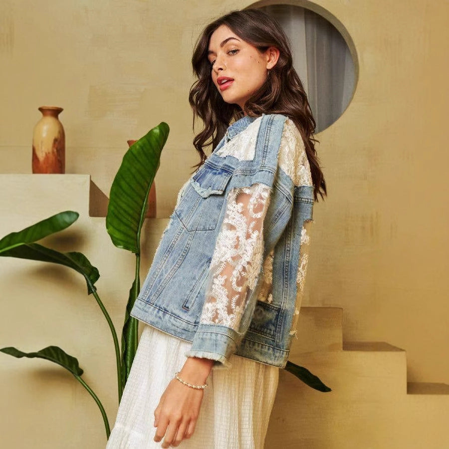 Hole Patched Light Blue Denim Jacket For Women