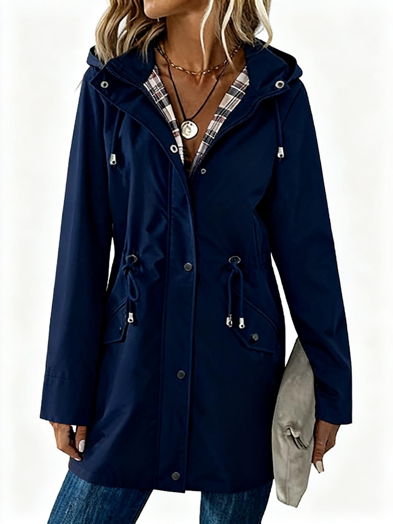 Plaid Hooded Drawstring Nipped-Waist Coat For Stylish Everyday Wear