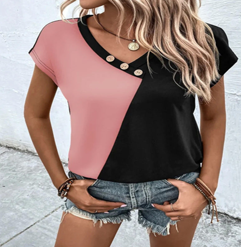 Elegant Color-Blocked Loose Fit Short Sleeve Everyday Commuter Top