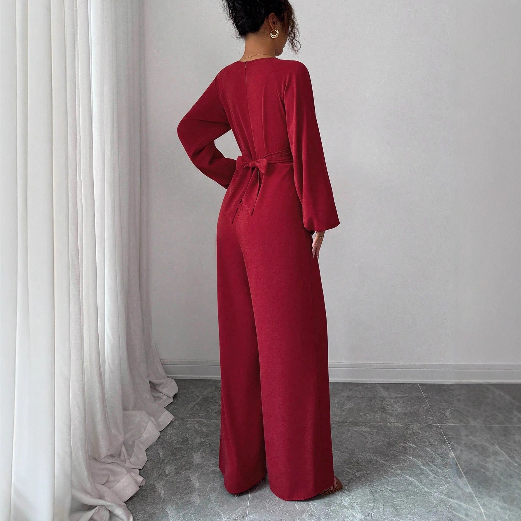 Square Neck Wide Leg Jumpsuit With Elegant Lantern Sleeves