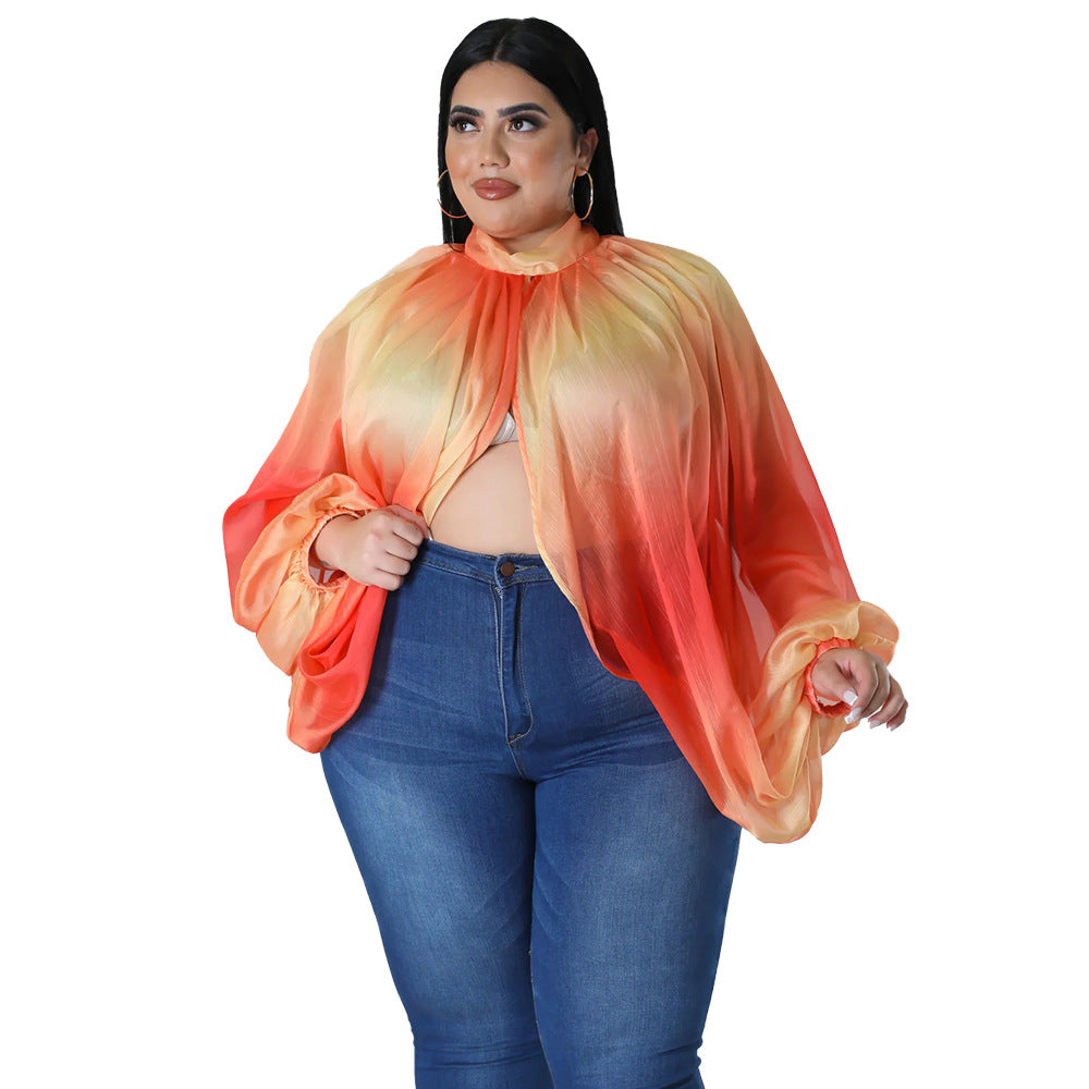 Plus Size Floral Batwing Sleeve Long Chiffon Tie-Detail Loose Top