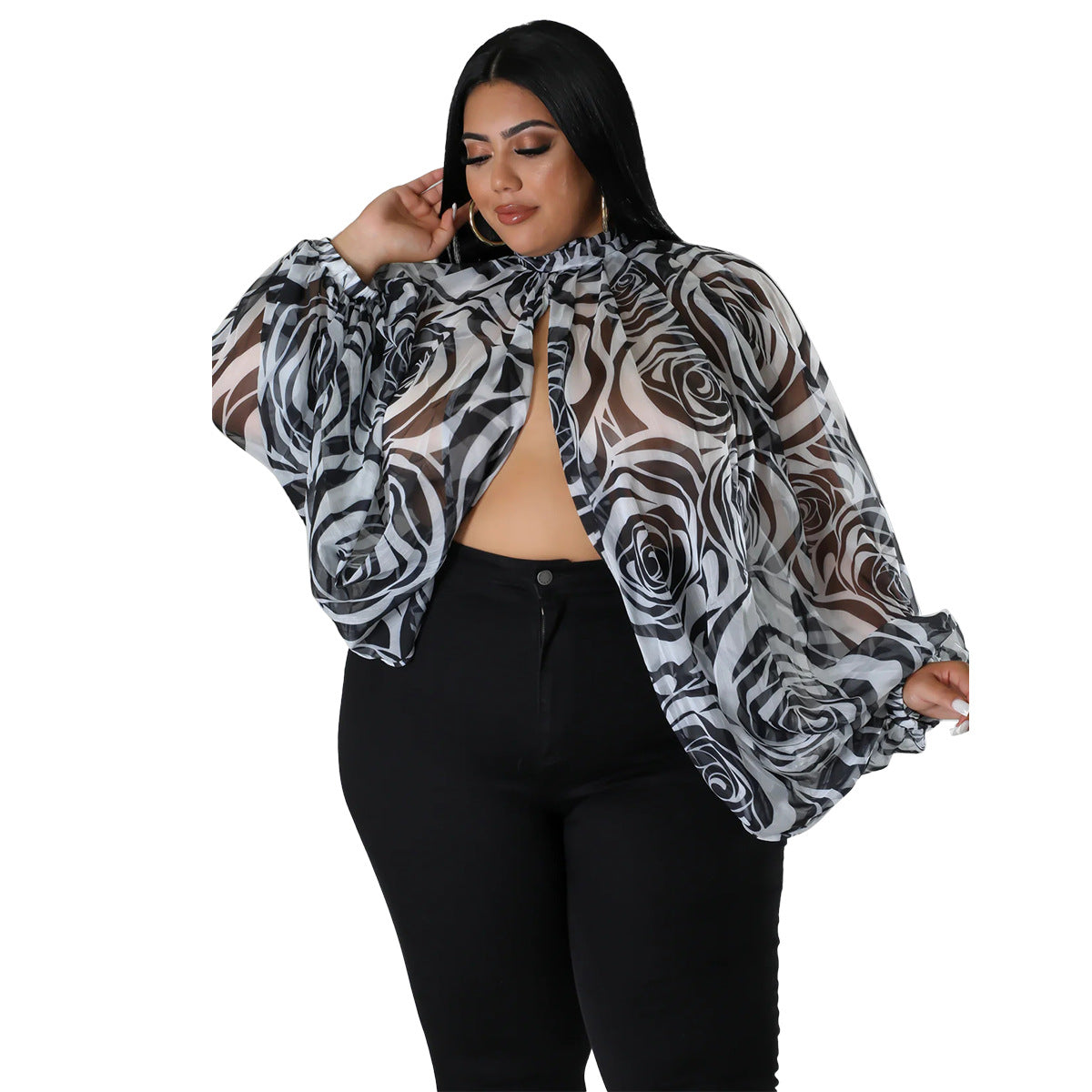 Plus Size Floral Batwing Sleeve Long Chiffon Tie-Detail Loose Top
