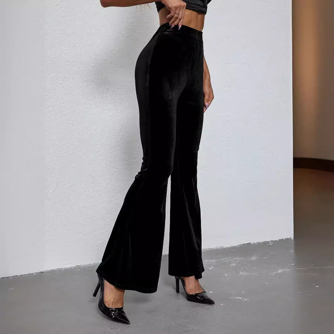 High-Waist Velvet Slim Fit Flared Pants For Elegant Outfits
