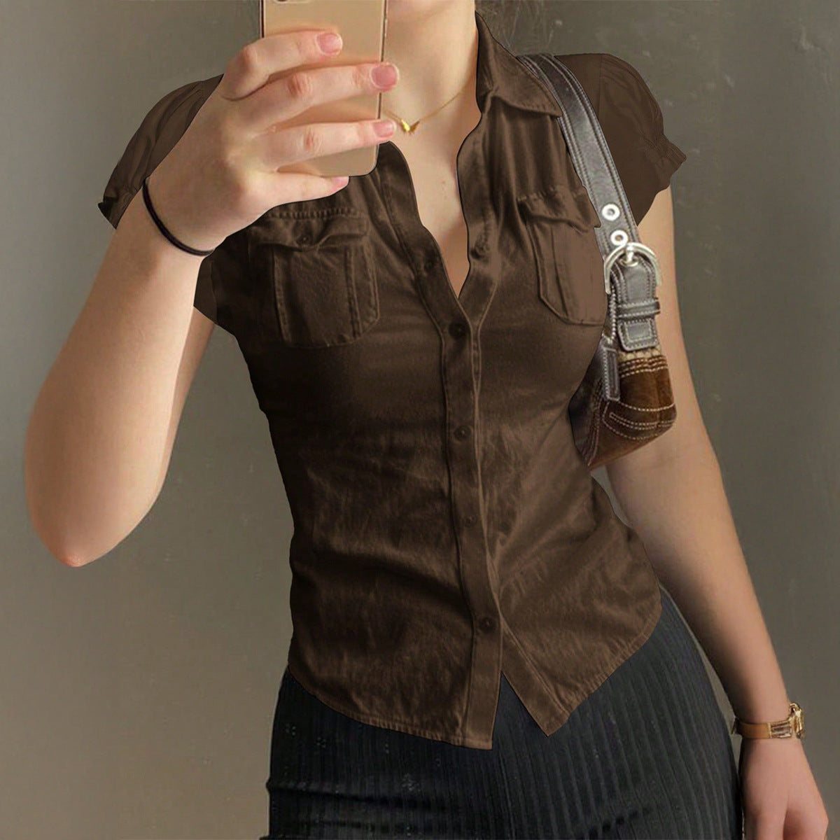 Solid Color Puff Sleeve Button Front Short Sleeve Casual Shirt