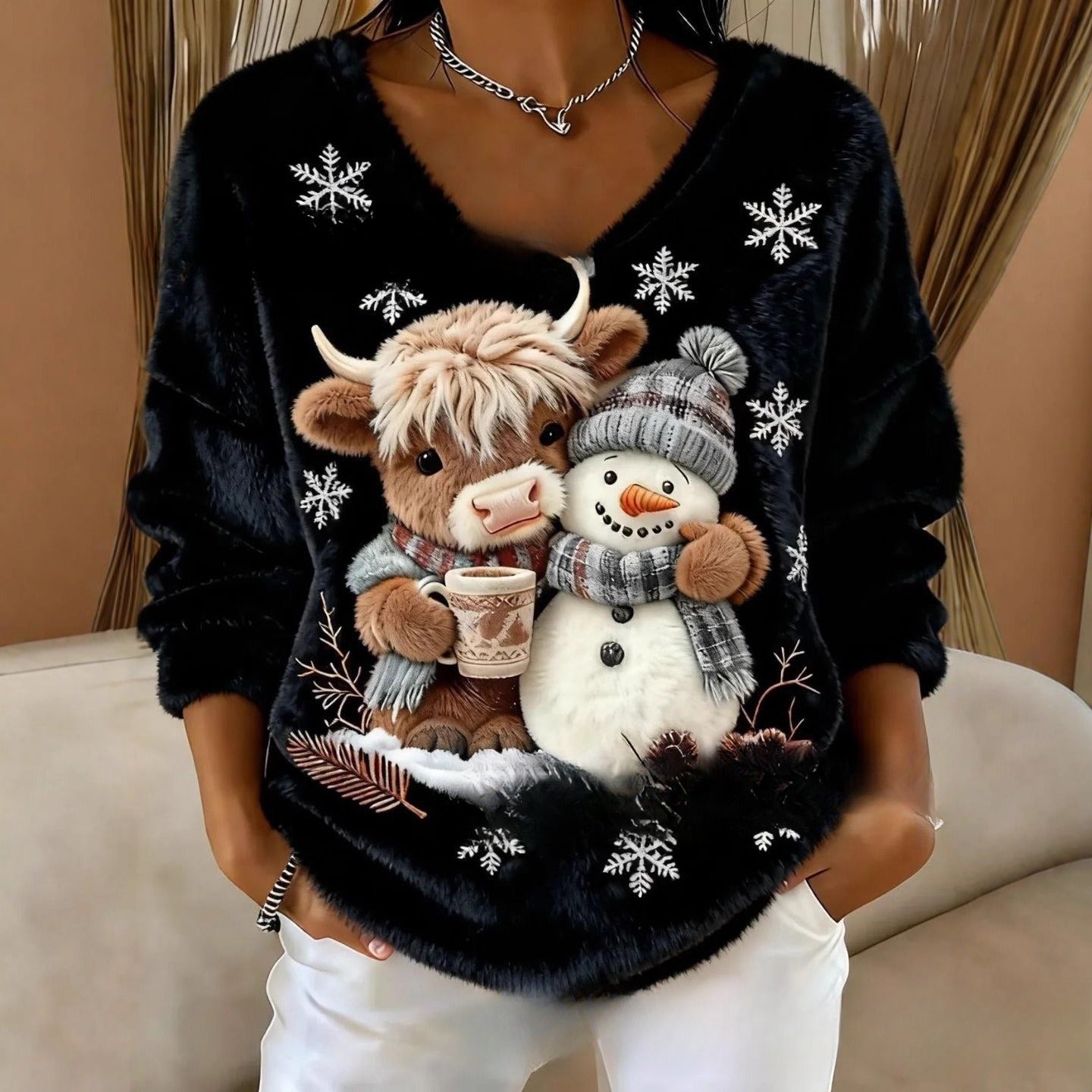 V Neck Christmas Sweater With 3D Digital Print And Regular Fit