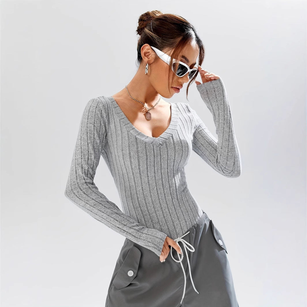 Deep V Neck Slim Fit Long Sleeve Jumpsuit With Waist Control