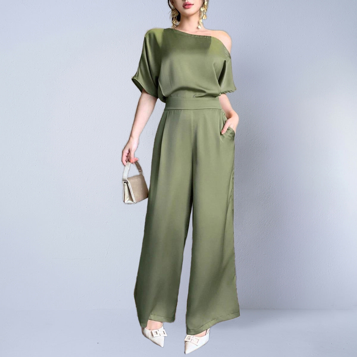 Elegant Satin Asymmetrical Jumpsuit With Lightweight Flowing Fit