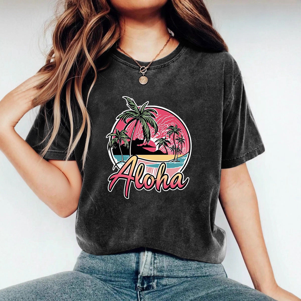Loose Fit Coconut Tree Print Short Sleeve Summer Casual Top