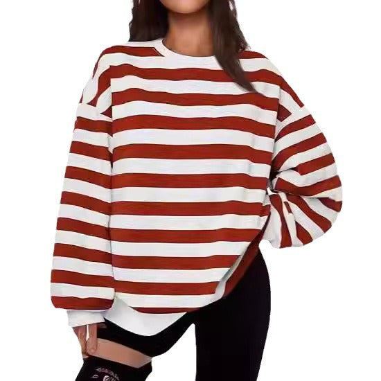 Striped Crew Neck Sweatshirt With Thick Warm Fabric