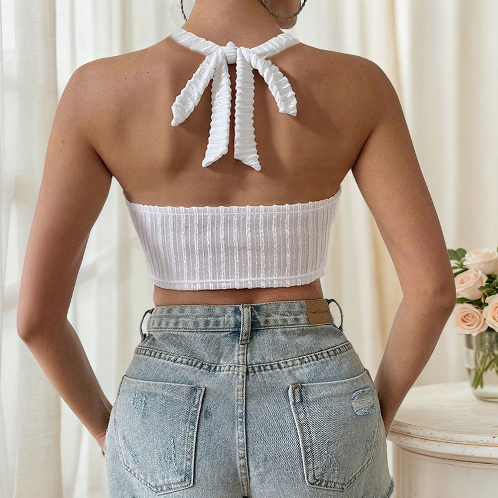 Fringe Trim Halter Neck Slim Fit Short-Length Sexy Sleeveless Top