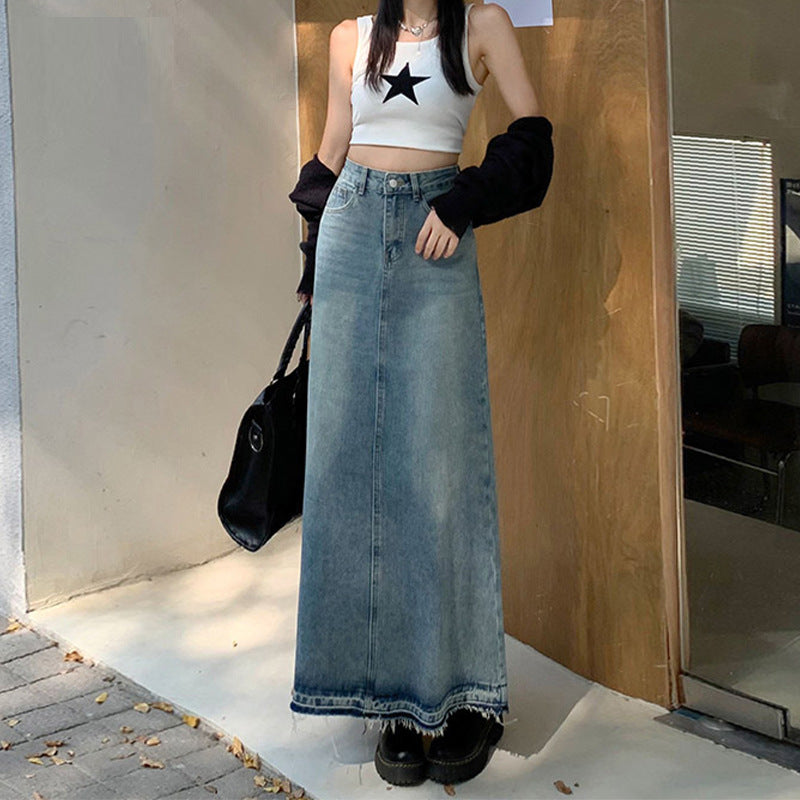 Frayed Vintage Blue High Waisted Denim Skirt With Washed Look