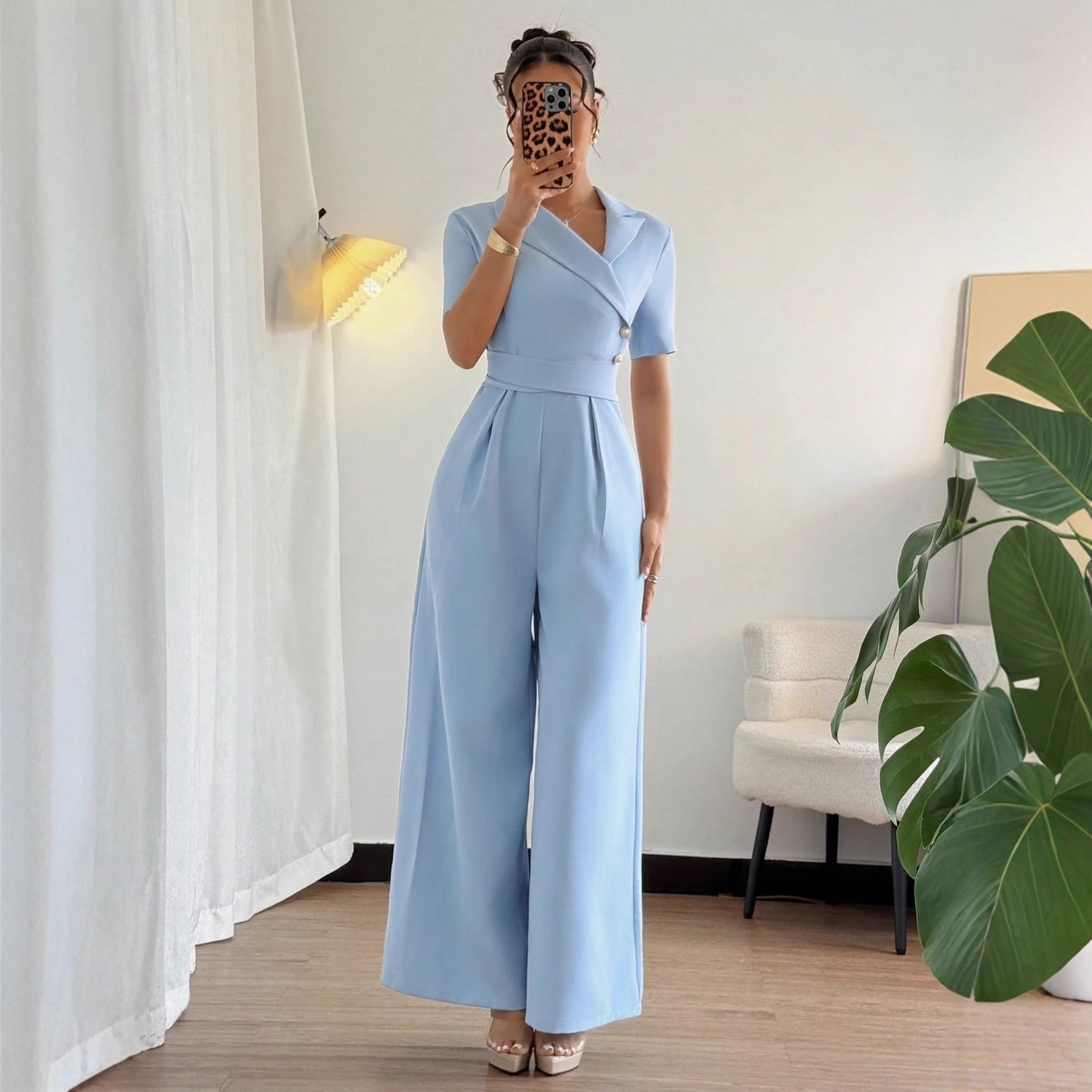 Sky Blue Off Shoulder Belted Jumpsuit With Elegant Slim Fit