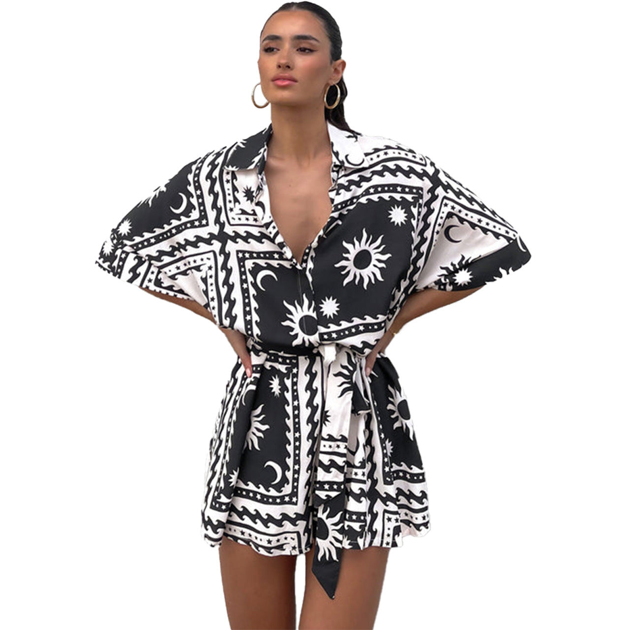 Geometric Print Lace Up Short Sleeve Jumpsuit With Flowy Shorts