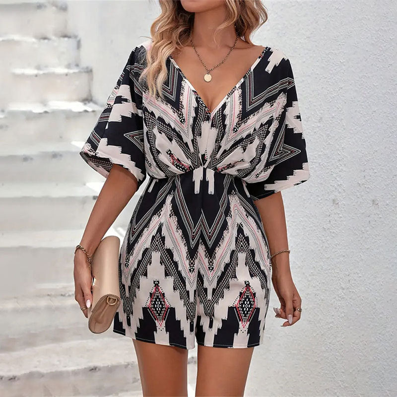 Printed V Neck Loose Fit Jumpsuit With Integrated Sleeves