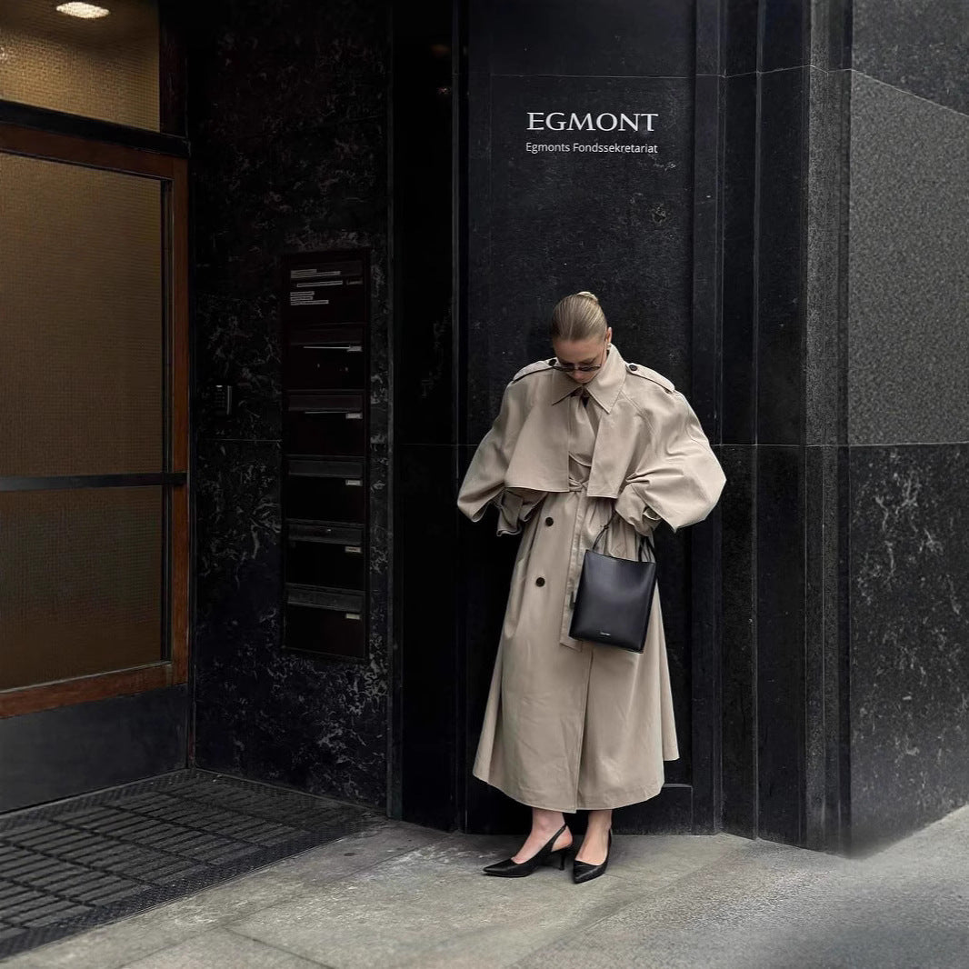 Long Khaki Belted Cape Trench Coat With Dramatic Length