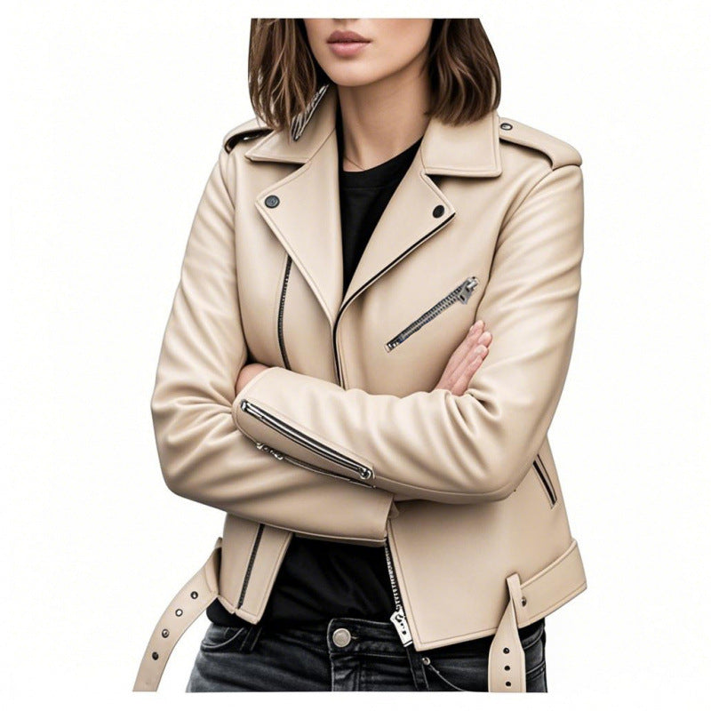 Slim Rivet-Detail Short PU Leather Jacket For Women