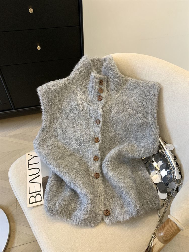 High-Neck Button-Front Chenille Knit Sleeveless Warm Vest