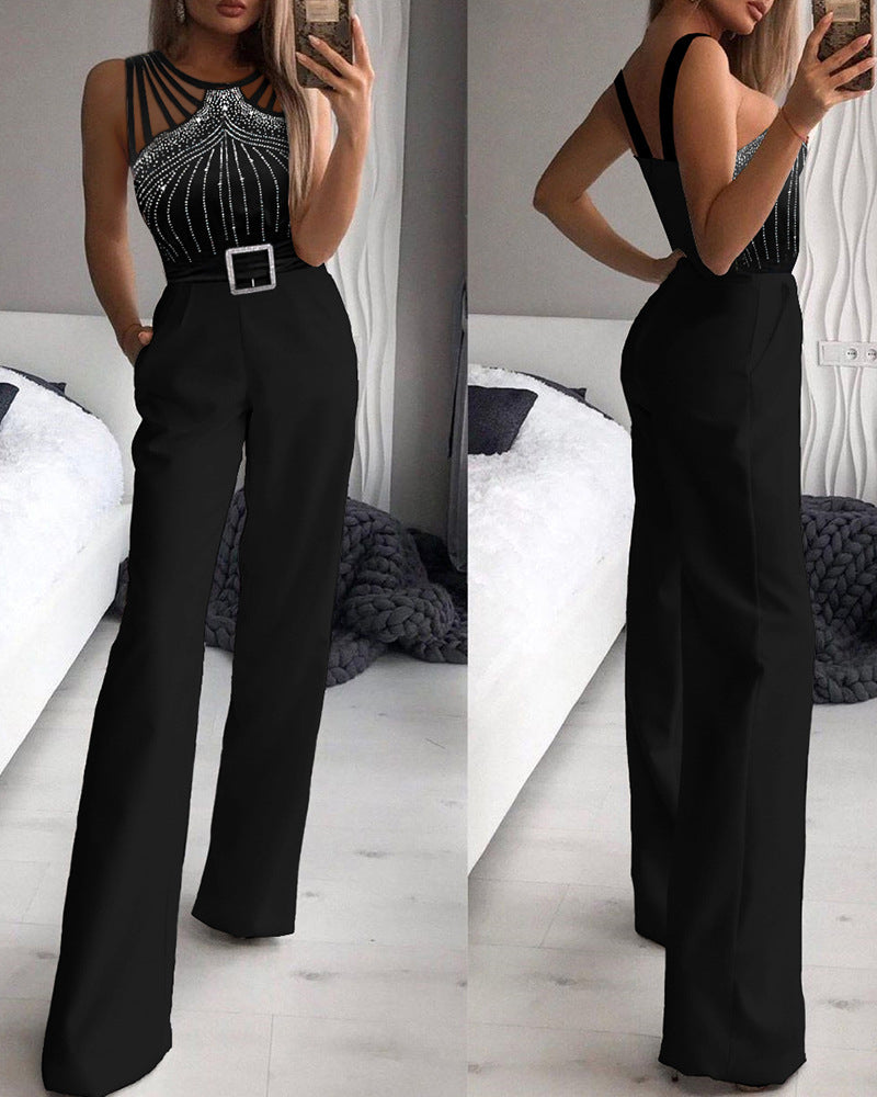 Rhinestone Strapless Slim Fit Jumpsuit With Waist Cinching Design