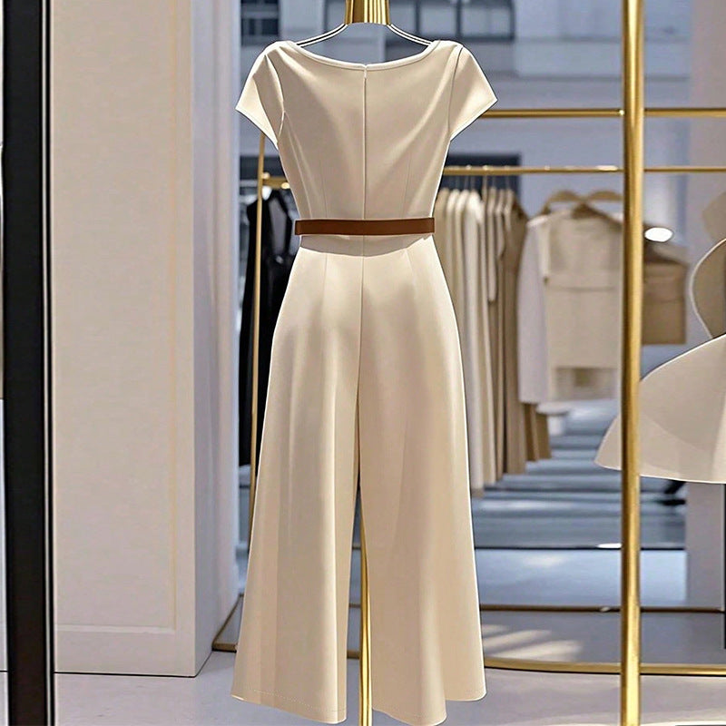 Elegant Satin Wide Leg Jumpsuit With Quarter Sleeves