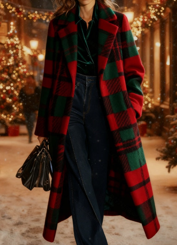 Plaid Retro Long Wool Coat For Women Casual