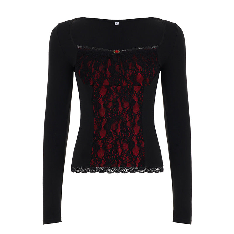 Lace Patchwork Ruffled Long Sleeve Slim Fit Dark Aesthetic Blouse