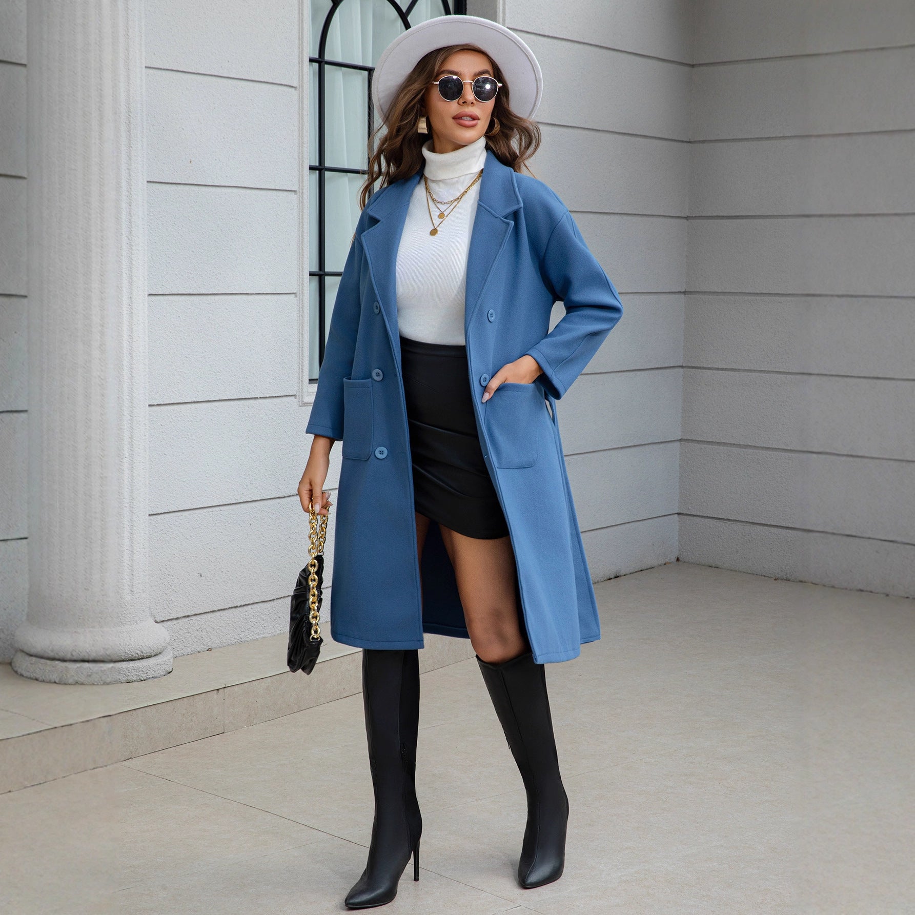 Blue Mid-Length Wool Coat With Waist Tie And Pockets