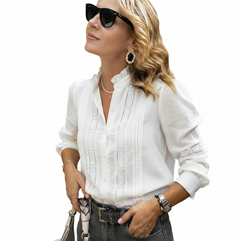 Women's Elegant Lace Stand Collar Long Sleeve Hollow White Shirt