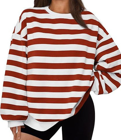 Striped Crew Neck Sweatshirt With Thick Warm Fabric