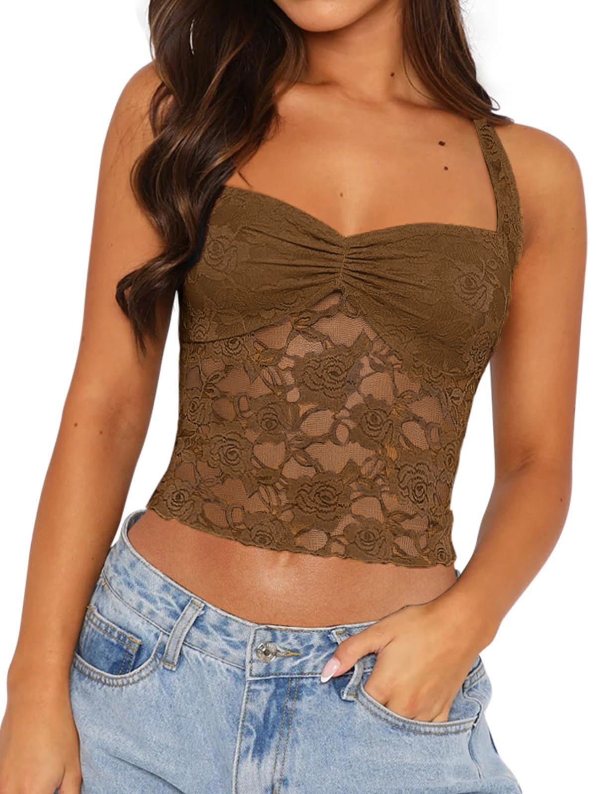 Lace Hollow-Out Slim Fit Sleeveless Strappy Camisole Top