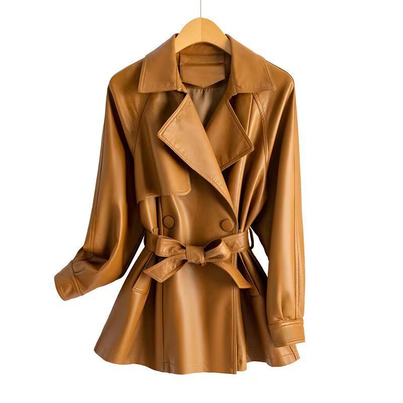 Plus Size Loose Fit Waist-Trim PU Windbreaker Jacket For Women