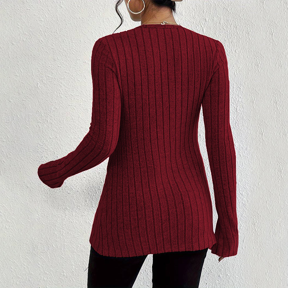 European French-Style V-Neck Long-Sleeve Crop Top For Women