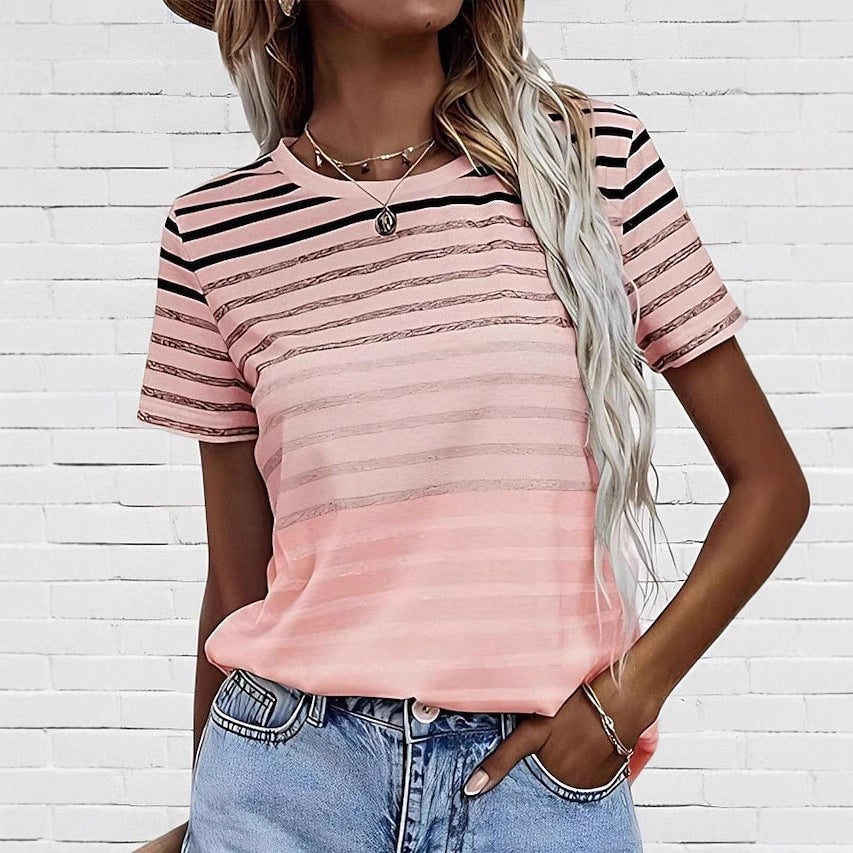 Striped Gradient 3D Print Round Neck Short Sleeve Casual Top