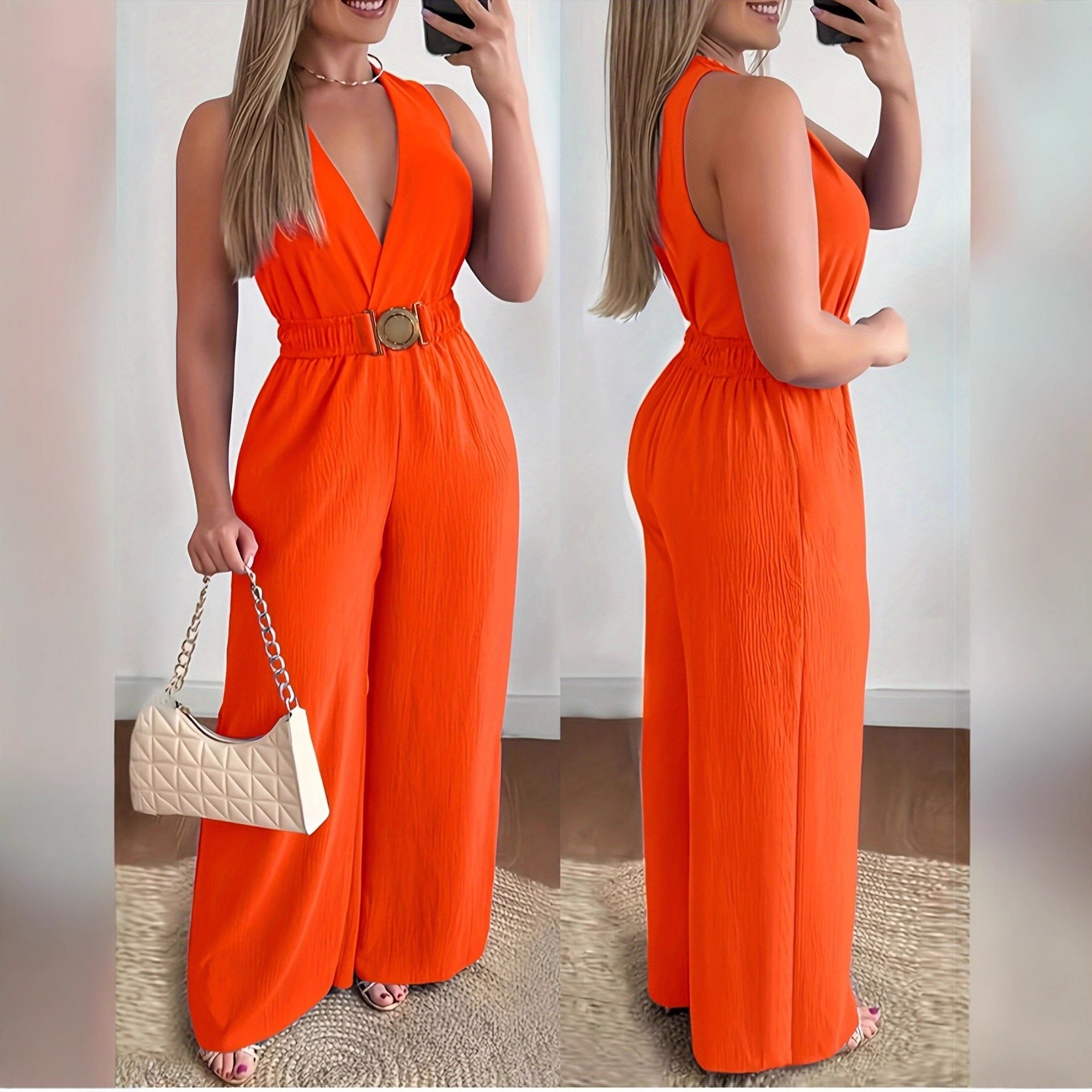 Wide Leg Solid Color Jumpsuit With High Waist And Slant Pockets