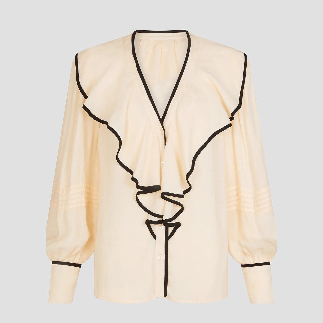 Women's Retro V-Neck Contrast Pleated Blouse With Loose Fit
