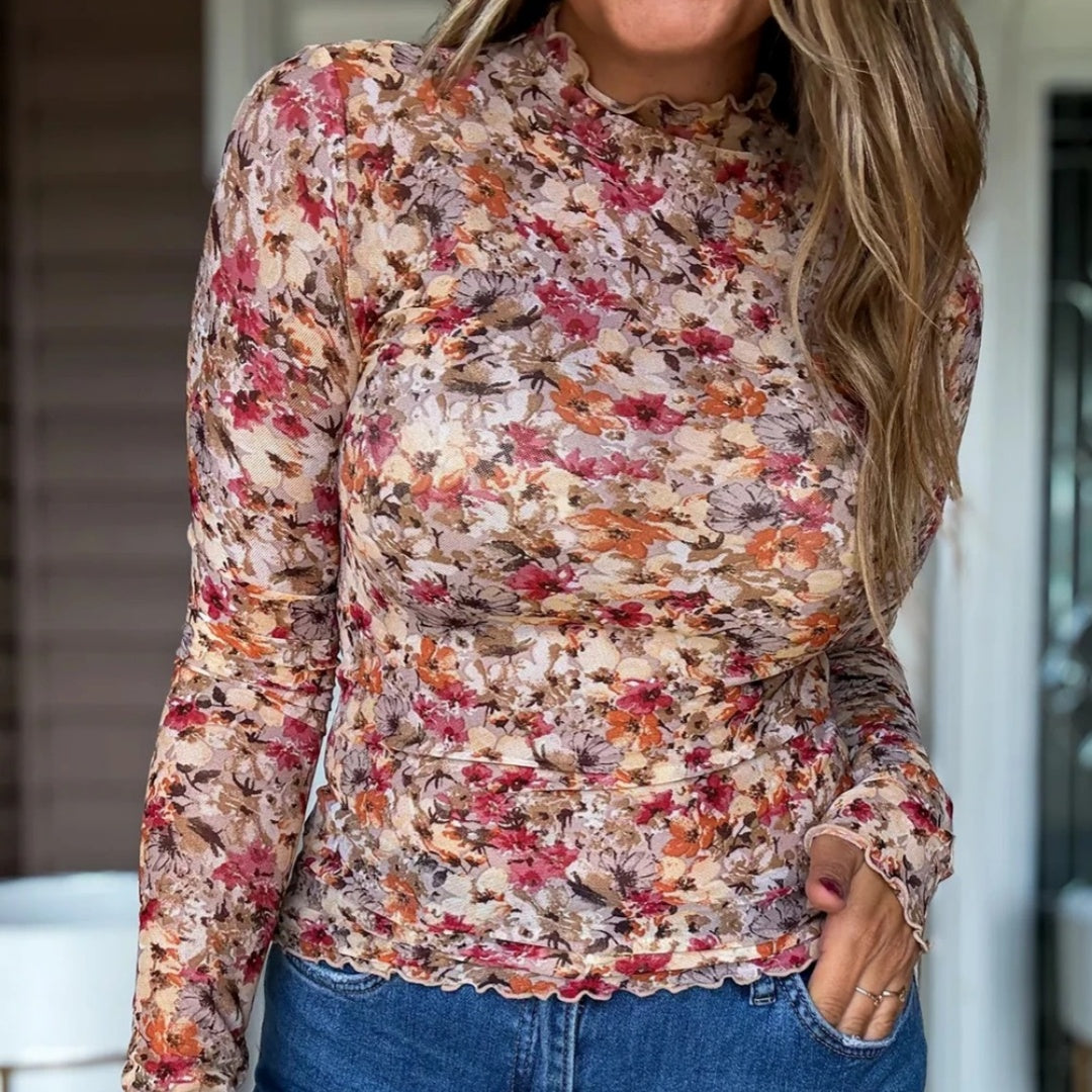 Lace Floral Mesh Long Sleeve Top For Women